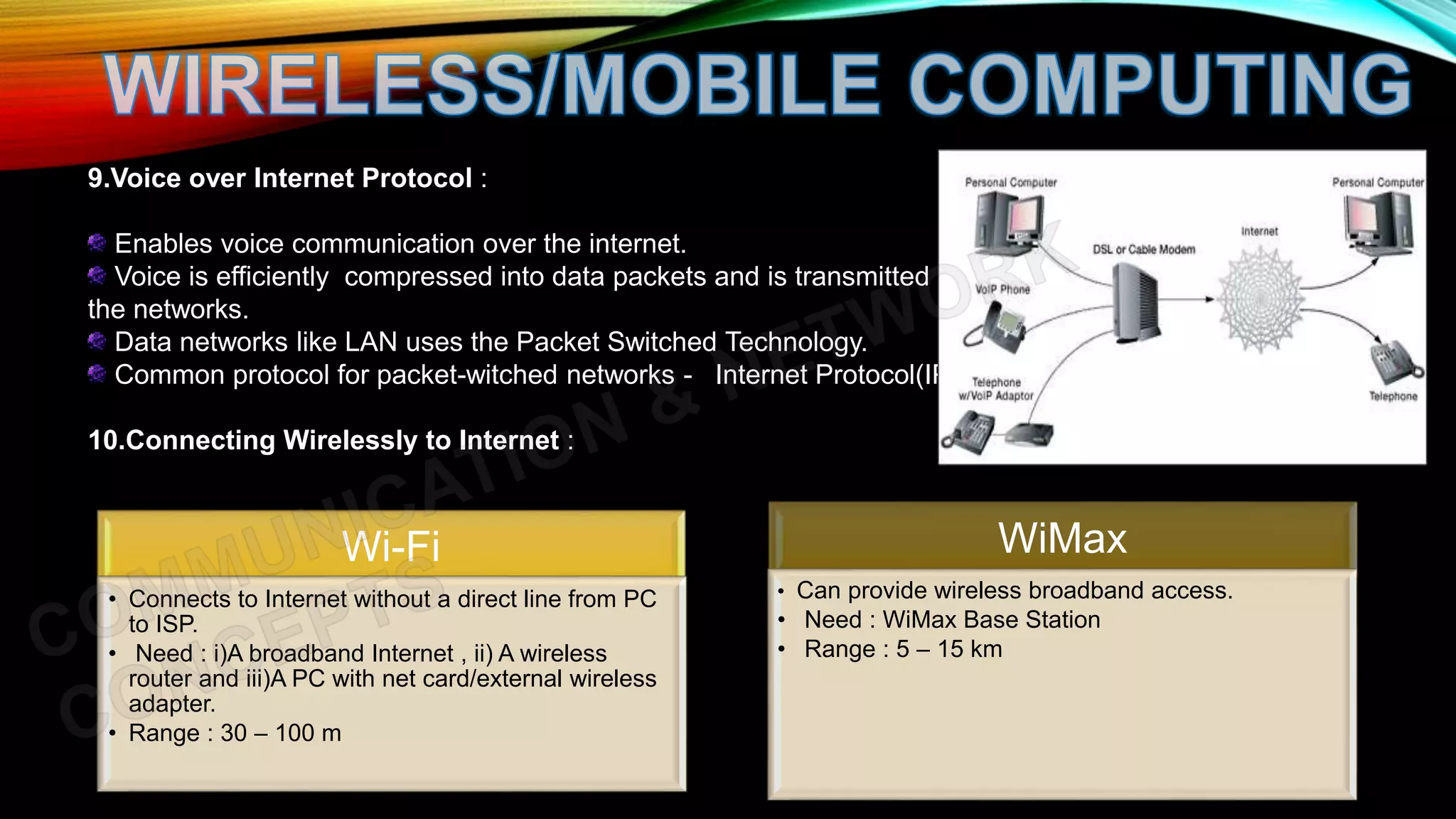9.Voice over Internet Protocol :
Enables voice communication over the internet.
Voice is efficiently compressed into data packets and is transmitted over
the networks.
Data networks like LAN uses the Packet Switched Technology.
Common protocol for packet-witched networks - Internet Protocol(IP).
10.Connecting Wirelessly to Internet :
Wi-Fi
• Connects to Internet without a direct line from PC
to ISP.
• Need : i)A broadband Internet , ii) A wireless
router and iii)A PC with net card/external wireless
adapter.
• Range : 30 – 100 m
WiMax
• Can provide wireless broadband access.
• Need : WiMax Base Station
• Range : 5 – 15 km
 