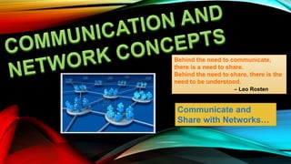 Behind the need to communicate,
there is a need to share.
Behind the need to share, there is the
need to be understood.
– Leo Rosten
Communicate and
Share with Networks…
 
