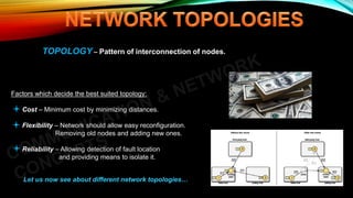 Factors which decide the best suited topology:
Cost – Minimum cost by minimizing distances.
Flexibility – Network should allow easy reconfiguration.
Removing old nodes and adding new ones.
Reliability – Allowing detection of fault location
and providing means to isolate it.
TOPOLOGY – Pattern of interconnection of nodes.
Let us now see about different network topologies…
 