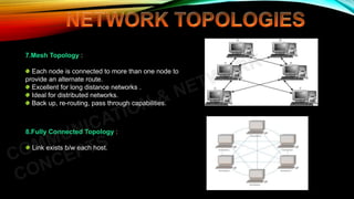 7.Mesh Topology :
Each node is connected to more than one node to
provide an alternate route.
Excellent for long distance networks .
Ideal for distributed networks.
Back up, re-routing, pass through capabilities.
8.Fully Connected Topology :
Link exists b/w each host.
 