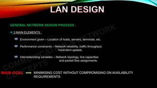 GENERAL NETWORK DESIGN PROCESS :
 3 MAIN ELEMENTS :
Environment given – Location of hosts, servers, terminals, etc.
Performance constraints – Network reliability, traffic throughput,
host/client speeds.
Internetworking variables – Network topology, line capacities
and packet flow assignments.
MAIN GOAL MINIMISING COST WITHOUT COMPROMISING ON AVAILABILITY
REQUIREMENTS.
 