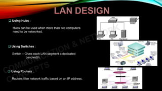  Using Hubs :
Hubs can be used when more than two computers
need to be networked.
 Using Switches :
Switch – Gives each LAN segment a dedicated
bandwidth.
 Using Routers :
Routers filter network traffic based on an IP address.
 