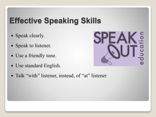 Effective Speaking Skills
 Speak clearly.
 Speak to listener.
 Use a friendly tone.
 Use standard English.
 Talk “with” listener, instead, of “at” listener
 