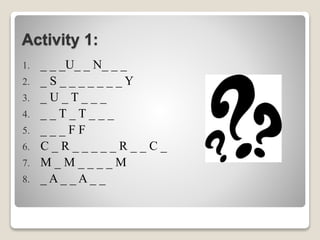 Activity 1:
1. _ _ _U_ _ N_ _ _
2. _ S _ _ _ _ _ _ _ Y
3. _ U _ T _ _ _
4. _ _ T _ T _ _ _
5. _ _ _ F F
6. C _ R _ _ _ _ _ R _ _ C _
7. M _ M _ _ _ _ M
8. _ A _ _ A _ _
 