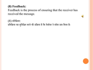 (8) Feedback:
Feedback is the process of ensuring that the receiver has
received the message.
(8) प्रवतविया:
प्रवतविया यह सुवनवित करने की प्रविया है वक ररसीिर ने संदेश प्राप्त वकया है।
 