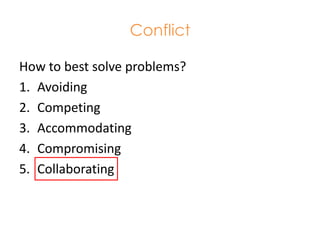ConflictHow to best solve problems?AvoidingCompetingAccommodatingCompromisingCollaborating	