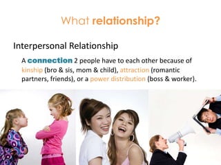 What relationship?Interpersonal RelationshipA connection 2 people have to each other because of kinship (bro & sis, mom & child), attraction (romantic partners, friends), or a power distribution (boss & worker).