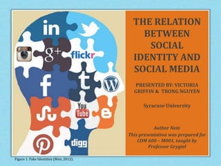 THE RELATION
BETWEEN
SOCIAL
IDENTITY AND
SOCIAL MEDIA
Author Note
This presentation was prepared for
COM 600 – M001, taught by
Professor Grygiel
PRESENTED BY: VICTORIA
GRIFFIN & TRONG NGUYEN
Syracuse University
Figure 1. Fake Identities (Meir, 2012).
 