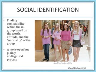 SOCIAL IDENTIFICATION
• Finding
compatibility
within the in-
group based on
the worth,
attitude, and the
"normality" of the
group
• A more open but
plainly
undisguised
process
Figure 5. Mean Girls (Sterns, 2015).
(Age of The Sage, 2016)
 