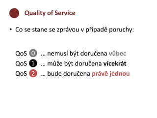 Quality of Service 
• Co se stane se zprávou v případě poruchy: 
QoS ⓿ … nemusí být doručena vůbec 
QoS ❶ … může být doručena vícekrát 
QoS ❷ … bude doručena právě jednou 
 