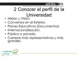 2 Conocer el perfil de la
            Universidad
•   Misión y Visión
•   Convenios en el Exterior.
•   Planes Educativos (Documentos)
•   Internacionalización.
•   Público o privado.
•   Carreras más representativas y más
    grandes.
 