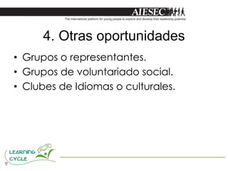 4. Otras oportunidades
• Grupos o representantes.
• Grupos de voluntariado social.
• Clubes de Idiomas o culturales.
 