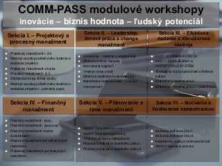 18
COMM-PASS modulové workshopy
inovácie – biznis hodnota – ľudský potenciál
Sekcia I. – Projektový a
procesný manažment
S...
