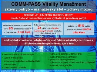 12
COMM-PASS Vitality Manažment
aktívny pohyb – manažérsky štýl – zdravý mozog
Obsah tohto dokumentu je určený výhradne pr...