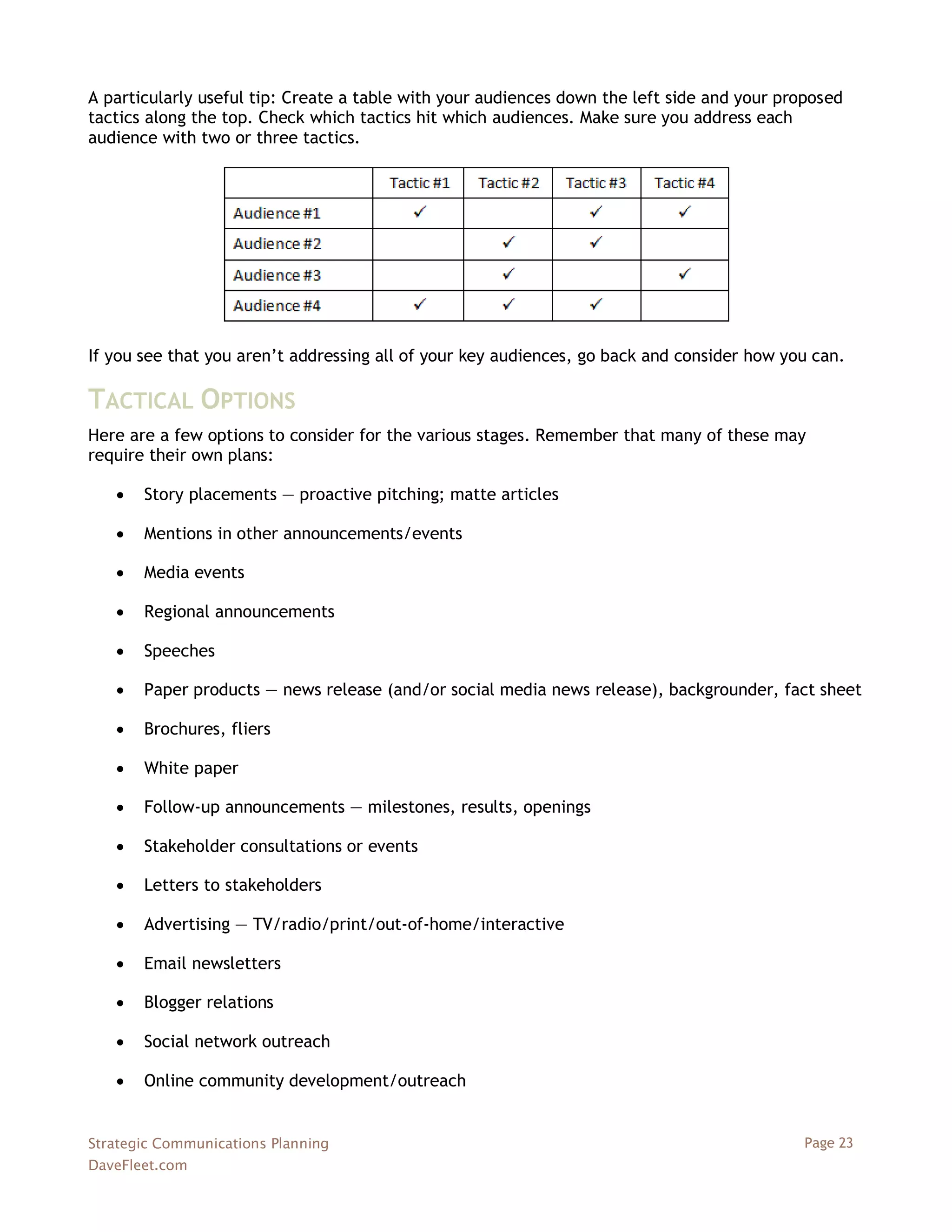 A particularly useful tip: Create a table with your audiences down the left side and your proposed
tactics along the top. Check which tactics hit which audiences. Make sure you address each
audience with two or three tactics.




If you see that you aren‘t addressing all of your key audiences, go back and consider how you can.

TACTICAL OPTIONS
Here are a few options to consider for the various stages. Remember that many of these may
require their own plans:

      Story placements — proactive pitching; matte articles

      Mentions in other announcements/events

      Media events

      Regional announcements

      Speeches

      Paper products — news release (and/or social media news release), backgrounder, fact sheet

      Brochures, fliers

      White paper

      Follow-up announcements — milestones, results, openings

      Stakeholder consultations or events

      Letters to stakeholders

      Advertising — TV/radio/print/out-of-home/interactive

      Email newsletters

      Blogger relations

      Social network outreach

      Online community development/outreach


Strategic Communications Planning                                                            Page 23
DaveFleet.com
 