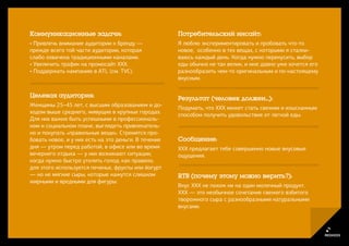 Коммуникационные задачи:                              Потребительский инсайт:
• Привлечь внимание аудитории к бренду —              Я люблю экспериментировать и пробовать что-то
прежде всего той части аудитории, которая             новое, особенно в тех вещах, с которыми я сталки-
слабо охвачена традиционными каналами.                ваюсь каждый день. Когда нужно перекусить, выбор
• Увеличить трафик на промосайт XXX.                  еды обычно не так велик, и мне давно уже хочется его
• Поддержать кампанию в ATL (см. TVC).                разнообразить чем-то оригинальным и по-настоящему
                                                      вкусным.


Целевая аудитория:                                    Результат (человек должен...):
Женщины 25–45 лет, с высшим образованием и до-
                                                      Подумать, что XXX может стать свежим и изысканным
ходом выше среднего, живущие в крупных городах.
                                                      способом получить удовольствие от легкой еды.
Для них важно быть успешными в профессиональ-
ном и социальном плане, выглядеть привлекатель-
но и покупать «правильные вещи». Стремятся про-
бовать новое, и у них есть на это деньги. В течение   Сообщение:
дня — утром перед работой, в офисе или во время       XXX предлагает тебе совершенно новые вкусовые
вечернего отдыха — у них возникают ситуации,          ощущения.
когда нужно быстро утолить голод: как правило,
для этого используется печенье, фрукты или йогурт
— но не мягкие сыры, которые кажутся слишком          RTB (почему этому можно верить?):
жирными и вредными для фигуры.
                                                      Вкус XXX не похож ни на один молочный продукт.
                                                      XXX — это необычное сочетание свежего взбитого
                                                      творожного сыра с разнообразными натуральными
                                                      вкусами.
 