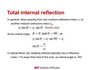 Total internal reflection
In general, when passing from one medium (refractive index n1) to
another medium (refractive index n2),
(Snell’s law)
At the critical angle,
In optical fibres, the cladding material typically has a refractive
index ~1% lower than that of the core, so critical angle is ~82o
2
2
1
1
sin
sin 
 n
n 
1
2
2
o
2
1
o
2
1
sin
90
sin
sin
so
,
90
and
n
n
n
n
n
c
c
c










 