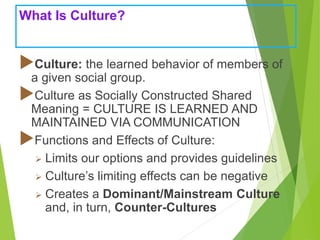 What Is Culture?
Culture: the learned behavior of members of
a given social group.
Culture as Socially Constructed Shared
Meaning = CULTURE IS LEARNED AND
MAINTAINED VIA COMMUNICATION
Functions and Effects of Culture:
 Limits our options and provides guidelines
 Culture’s limiting effects can be negative
 Creates a Dominant/Mainstream Culture
and, in turn, Counter-Cultures
 
