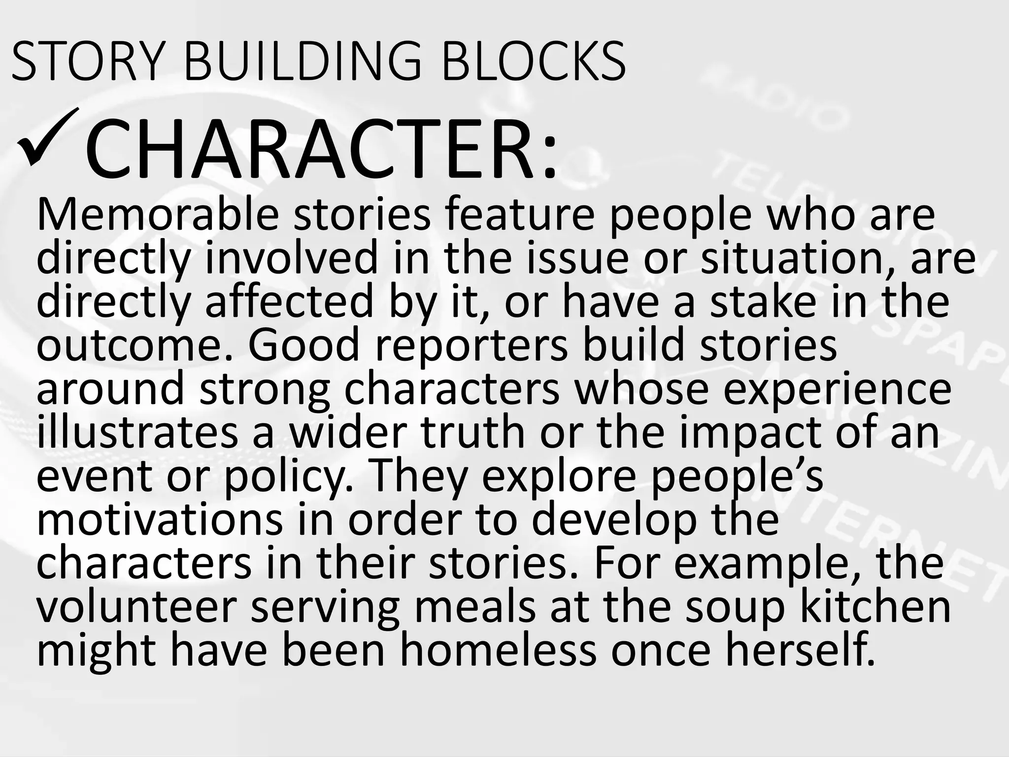 WCC COMM 106 story building blocks and semester story topics LUTHER