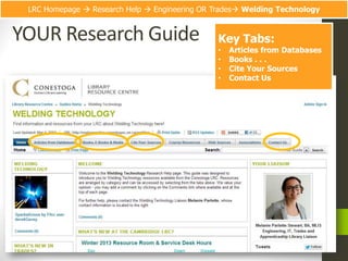 LRC Homepage  Research Help  Engineering OR Trades Welding Technology


YOUR Research Guide                            Key Tabs:
                                               •   Articles from Databases
                                               •   Books . . .
                                               •   Cite Your Sources
                                               •   Contact Us
 