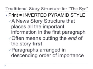 Traditional Story Structure for “The Eye”
 Print = INVERTED PYRAMID STYLE
A News Story Structure that
places all the important
information in the first paragraph
Often means putting the end of
the story first
Paragraphs arranged in
descending order of importance
 