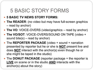 5 BASIC STORY FORMS
 5 BASIC TV NEWS STORY FORMS:
 The READER: (no video but may have full-screen graphics
– read by anchor)
 The VO: VOICE-OVERS (videographics – read by anchor)
 The VO/SOT: VOICE-OVERS/SOUND ON TAPE (video +
sound bite(s) – read by anchor)
 The REPORTER PACKAGE (video + sound + narration
presented by reporter but he or she is NOT present live and
does NOT interact with the anchor(s) even though he or
she might be taped in the studio)
 The DONUT PACKAGE (reporter package + the reporter is
LIVE on scene or in the studio AND interacts with the
anchor(s) about the story)
 