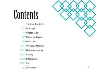 Contents1
2-3
4-5
6-7
8-9
10-11
12-15
16-17
18-19
20-21
22
Table of Contents
Montage
Photodesign
Magazine Cover
Brochure
Webpage Mockup
Business Identity
Coding
Infographic
Prezi	
Afterword 1
 