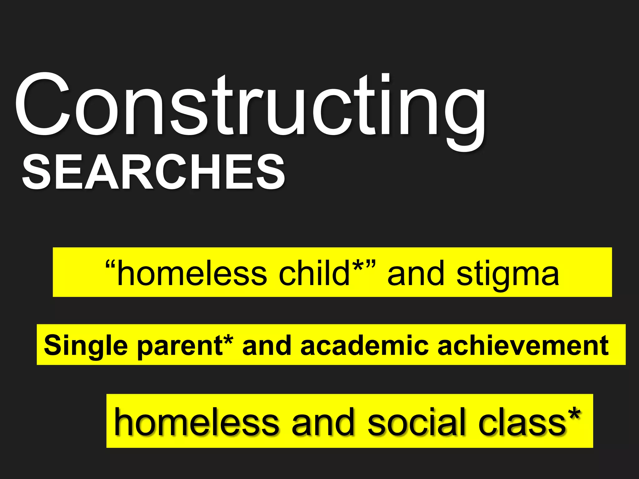 Constructing
“homeless child*” and stigma
Single parent* and academic achievement
homeless and social class*
SEARCHES
 