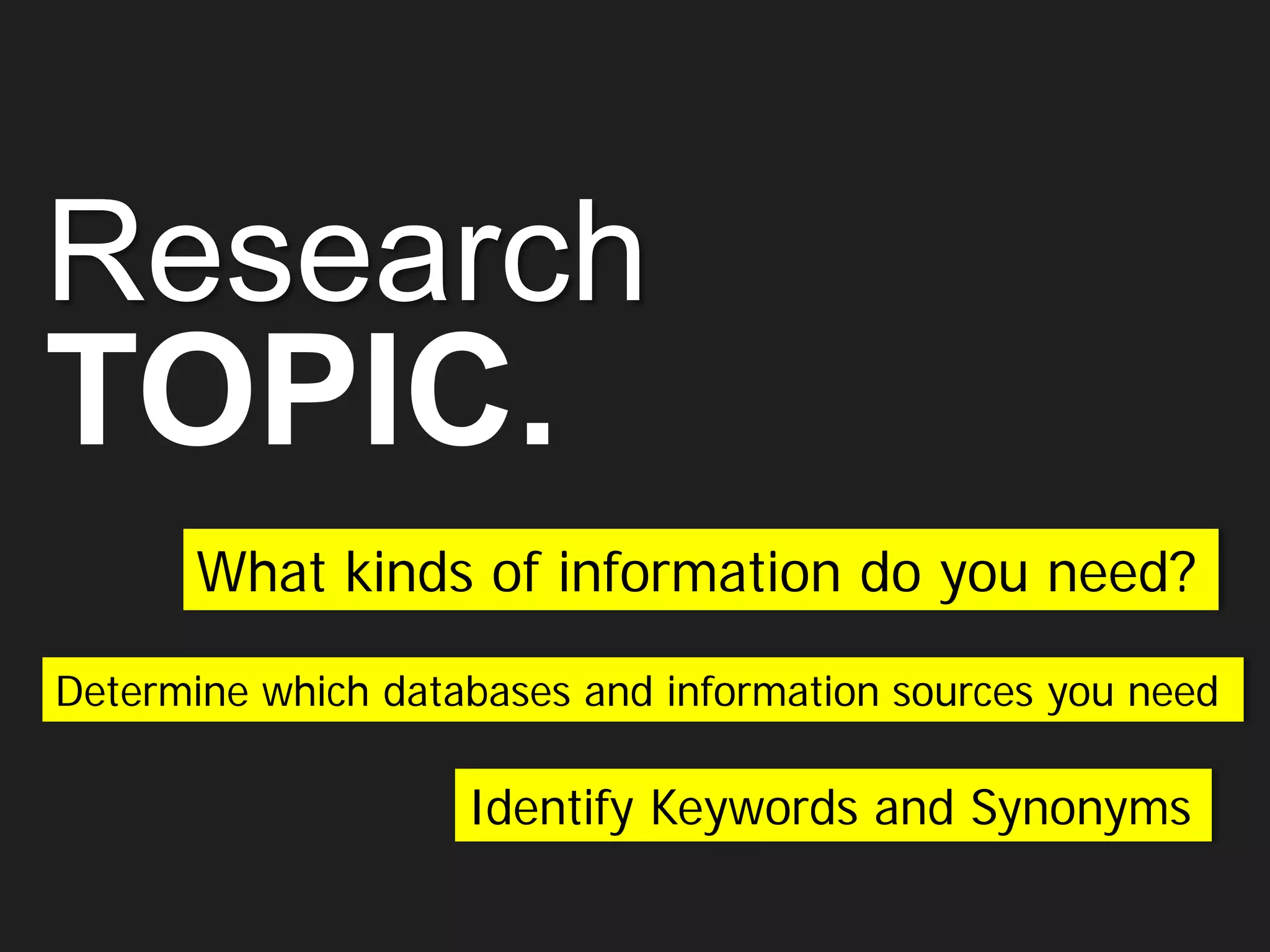 Research
TOPIC.
What kinds of information do you need?
Determine which databases and information sources you need
Identify Keywords and Synonyms
 