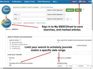 Sign in to My EBSCOhost to save 
searches, and marked articles. 
Limit your search to scholarly journals 
and/or a specific date range. 
 