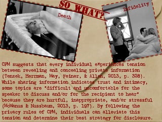 Death
InfidelitySo what?
CPM suggests that every individual experiences tension
between revealing and concealing private information
(Tenzek, Herrman, May, Feiner, & Allen, 2013, p. 328).
While sharing information indicates trust and intimacy,
some topics are “difficult and uncomfortable for the
speaker to discuss and/or for the recipient to hear”
because they are hurtful, inappropriate, and/or stressful
(McManus & Nussbaum, 2013, p. 197). By following the
privacy rules of CPM, individuals can alleviate this
tension and determine their best strategy for disclosure.
 