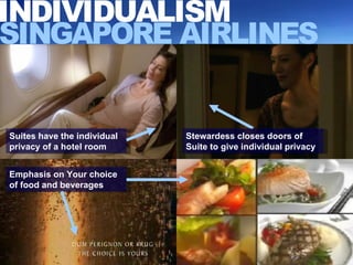 SINGAPORE AIRLINES Suites have the individual privacy of a hotel room Stewardess closes doors of Suite to give individual privacy INDIVIDUALISM Emphasis on Your choice of food and beverages 