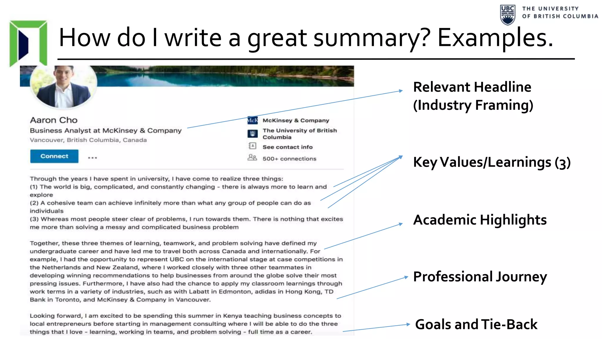 How do I write a great summary? Examples.
KeyValues/Learnings (3)
Relevant Headline
(Industry Framing)
Academic Highlights
Professional Journey
Goals andTie-Back
 