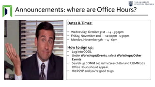 Announcements: where are Office Hours?
Dates &Times:
• Wednesday, October 31st → 4 - 5:30pm
• Friday, November 2nd → 12:00pm - 1:30pm
• Monday, November 5th → 4 - 6pm
How to sign up:
• Log into COOL
• Under Workshops/Events, select Workshops/Other
Events
• Search up COMM 202 in the Search Bar and COMM 202
Office Hours should appear.
• Hit RSVP and you're good to go
 