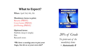 When: April 3rd, 4th, 5th
Mandatory items to print:
Resume (PRINT)
Cover Letter (PRINT)
Job Posting (PRINT)
Optional items:
Padfolio (keep it simple)
Pen
Research notes
*We have a seating area to put your
bags, but do so at your own risk*
What to Expect?
20% of Grade
No print-outs of the
mandatory items
= Automatic 0
 