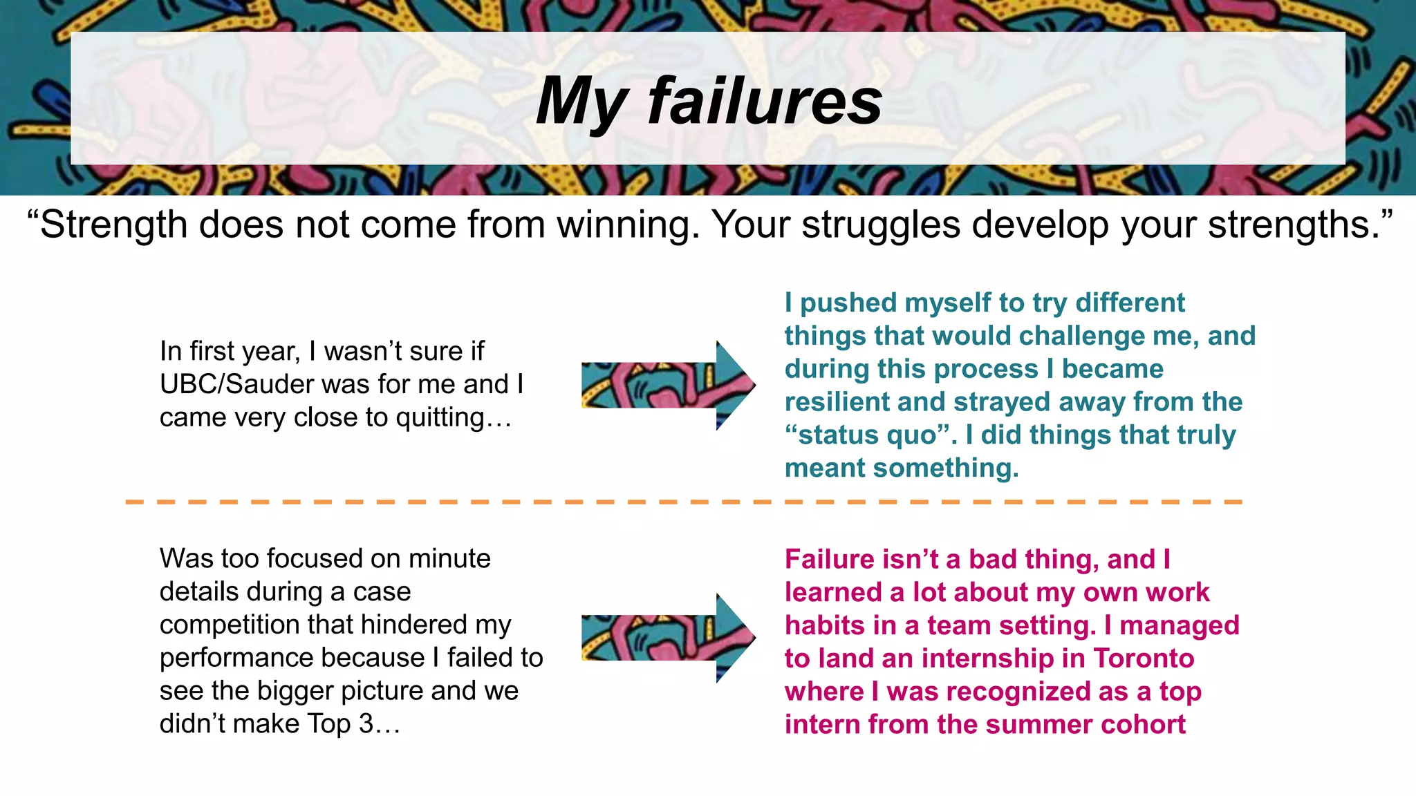 My failures
“Strength does not come from winning. Your struggles develop your strengths.”
In first year, I wasn’t sure if
UBC/Sauder was for me and I
came very close to quitting…
Was too focused on minute
details during a case
competition that hindered my
performance because I failed to
see the bigger picture and we
didn’t make Top 3…
I pushed myself to try different
things that would challenge me, and
during this process I became
resilient and strayed away from the
“status quo”. I did things that truly
meant something.
Failure isn’t a bad thing, and I
learned a lot about my own work
habits in a team setting. I managed
to land an internship in Toronto
where I was recognized as a top
intern from the summer cohort
 