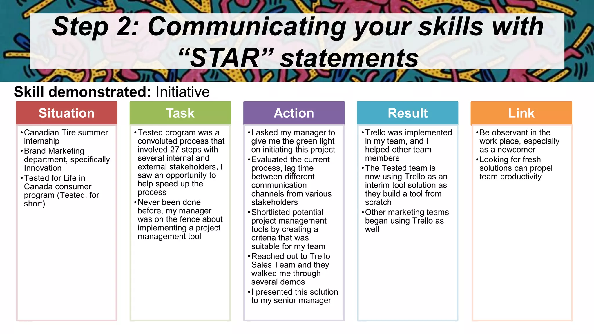 Step 2: Communicating your skills with
“STAR” statements
Situation
•Canadian Tire summer
internship
•Brand Marketing
department, specifically
Innovation
•Tested for Life in
Canada consumer
program (Tested, for
short)
Task
•Tested program was a
convoluted process that
involved 27 steps with
several internal and
external stakeholders, I
saw an opportunity to
help speed up the
process
•Never been done
before, my manager
was on the fence about
implementing a project
management tool
Action
•I asked my manager to
give me the green light
on initiating this project
•Evaluated the current
process, lag time
between different
communication
channels from various
stakeholders
•Shortlisted potential
project management
tools by creating a
criteria that was
suitable for my team
•Reached out to Trello
Sales Team and they
walked me through
several demos
•I presented this solution
to my senior manager
Result
•Trello was implemented
in my team, and I
helped other team
members
•The Tested team is
now using Trello as an
interim tool solution as
they build a tool from
scratch
•Other marketing teams
began using Trello as
well
Link
•Be observant in the
work place, especially
as a newcomer
•Looking for fresh
solutions can propel
team productivity
Skill demonstrated: Initiative
 