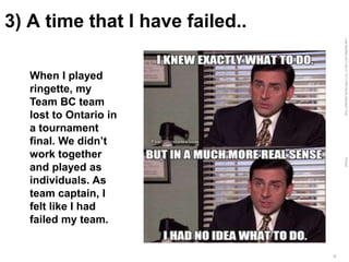 LastModified2017-06-2110:13PMPacificStandardTimePrinted
9
3) A time that I have failed..
When I played
ringette, my
Team BC team
lost to Ontario in
a tournament
final. We didn’t
work together
and played as
individuals. As
team captain, I
felt like I had
failed my team.
 