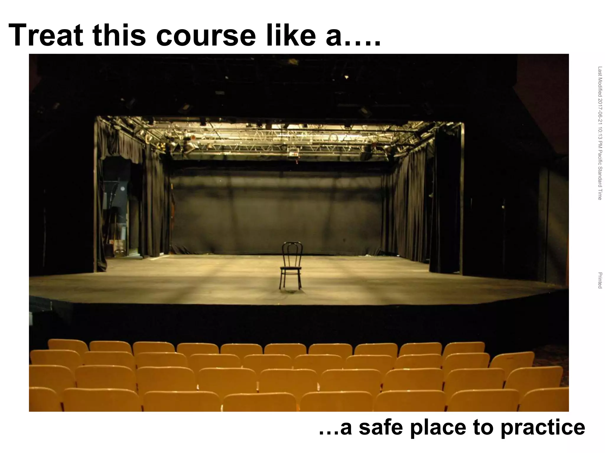 LastModified2017-06-2110:13PMPacificStandardTimePrinted
…a safe place to practice
Treat this course like a….
 