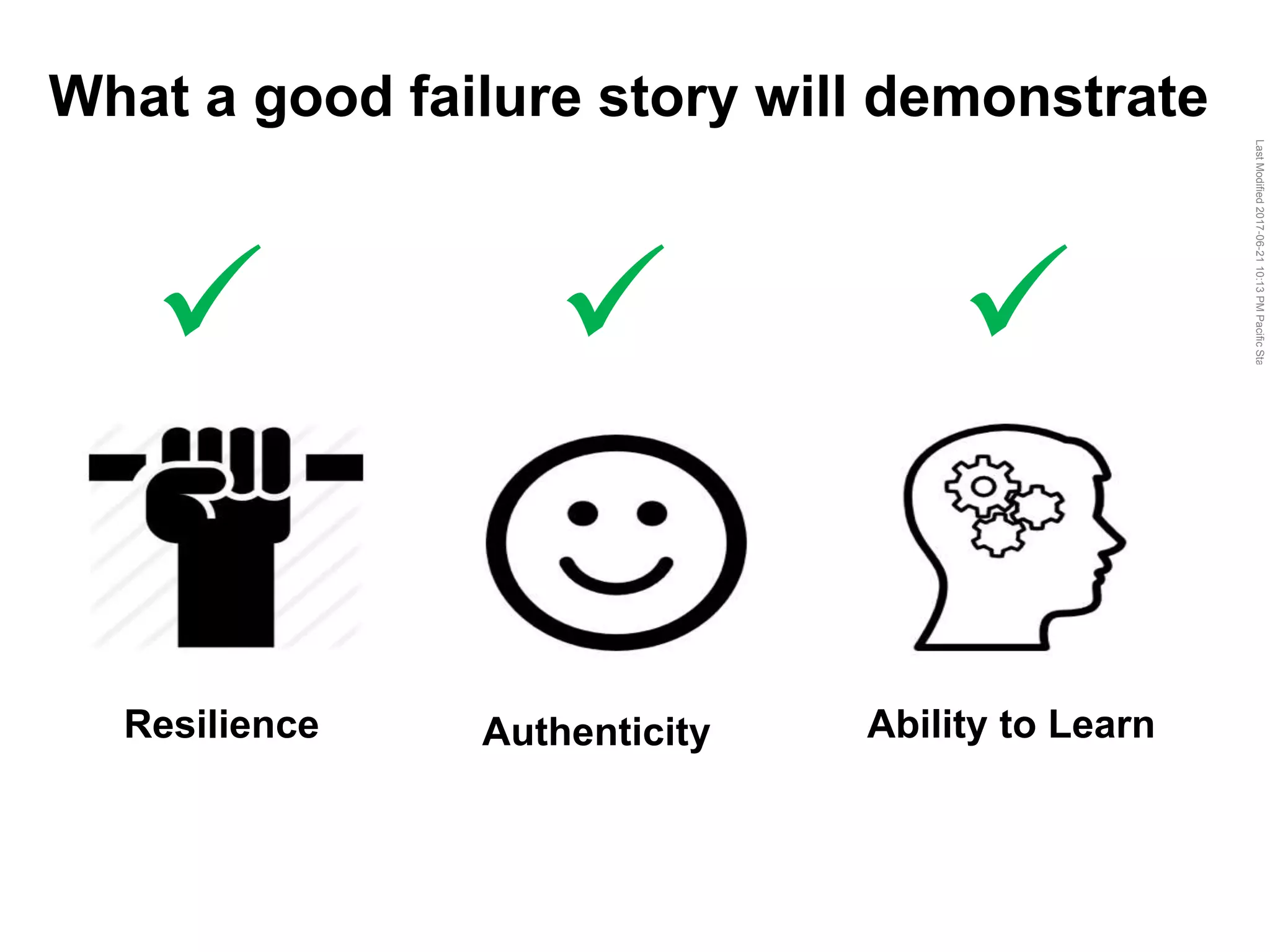 LastModified2017-06-2110:13PMPacificStandardTimePrinted
What a good failure story will demonstrate
Resilience Authenticity Ability to Learn
  
 