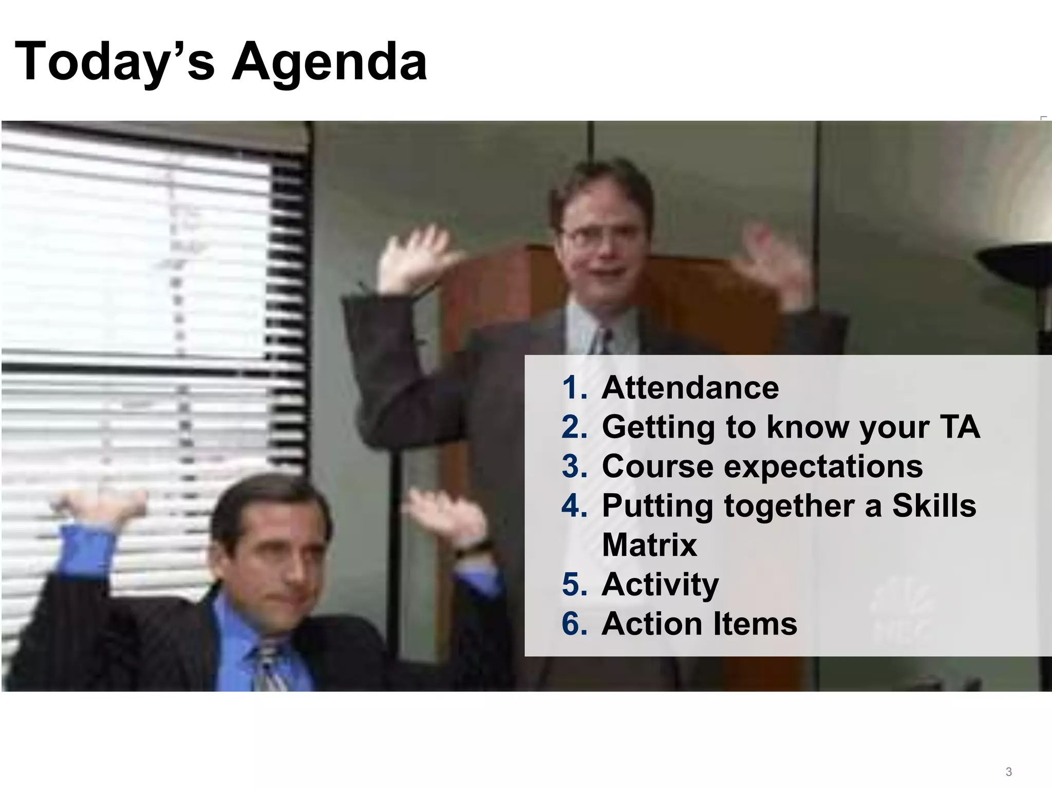 LastModified2017-06-2110:13PMPacificStandardTimePrinted
3
Today’s Agenda
1. Attendance
2. Getting to know your TA
3. Course expectations
4. Putting together a Skills
Matrix
5. Activity
6. Action Items
 