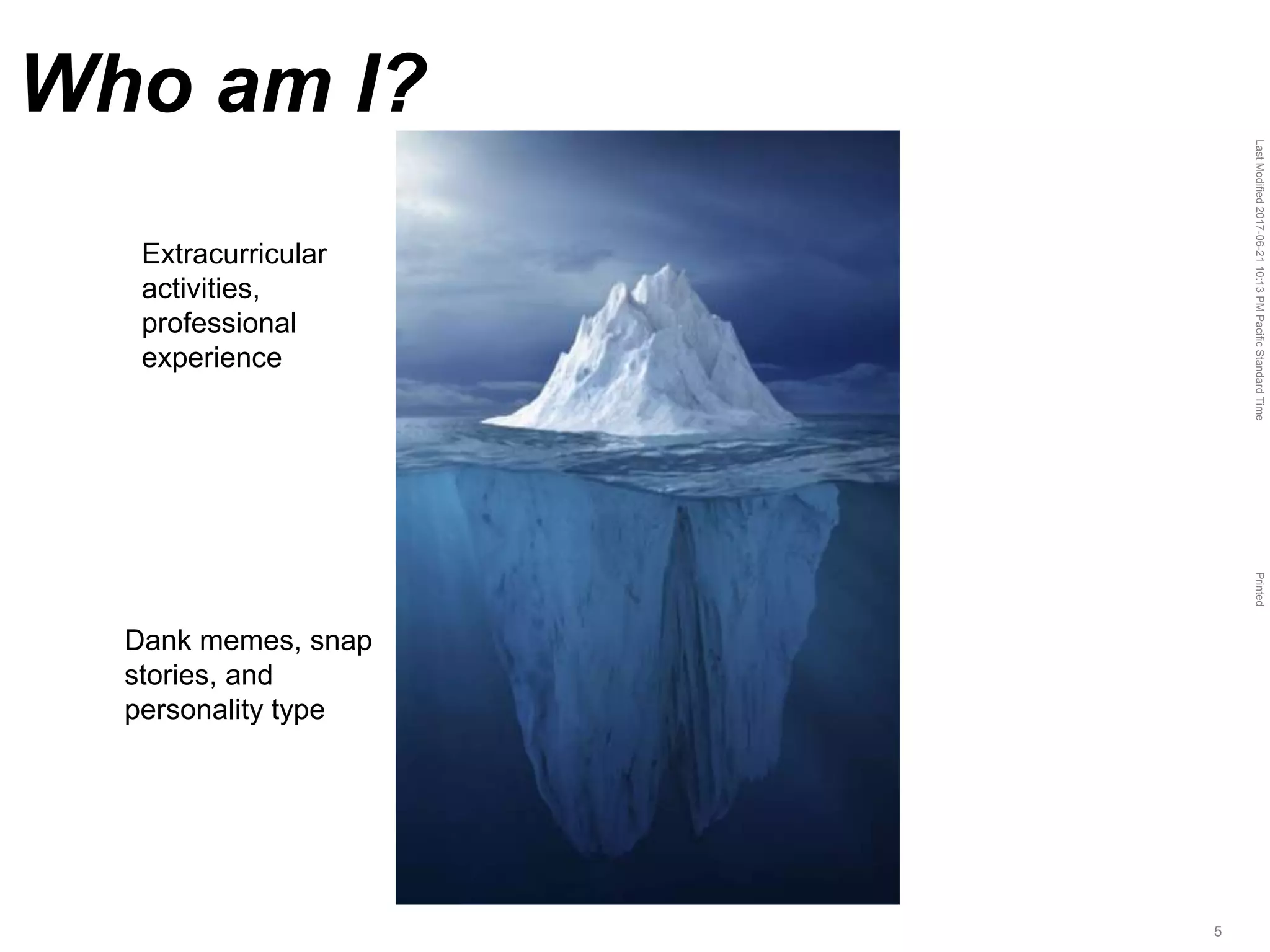 LastModified2017-06-2110:13PMPacificStandardTimePrinted
5
Who am I?
On the surface
Below the surface
Dank memes, snap
stories, and
personality type
Extracurricular
activities,
professional
experience
 