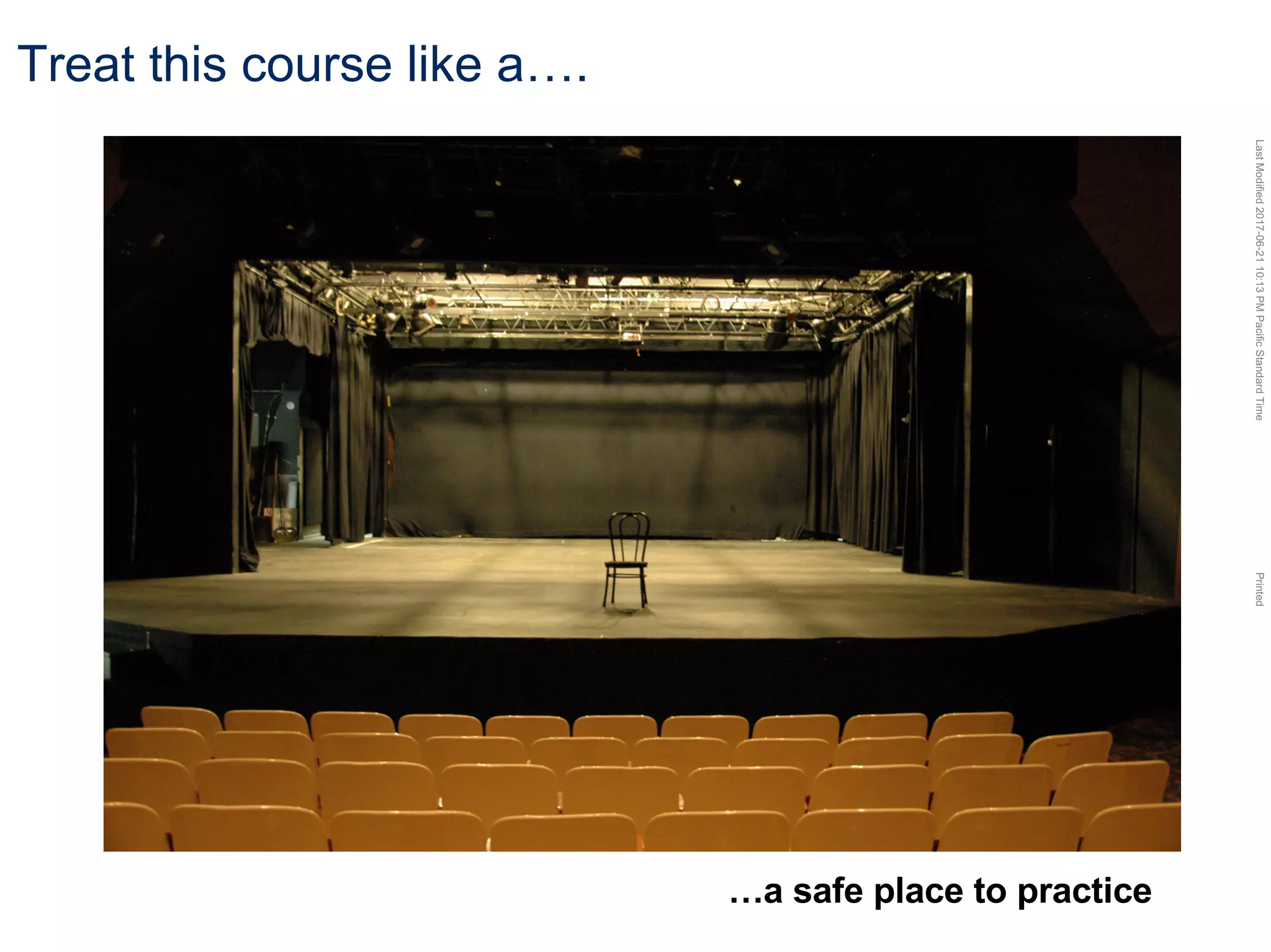 LastModified2017-06-2110:13PMPacificStandardTimePrinted
…a safe place to practice
Treat this course like a….
 