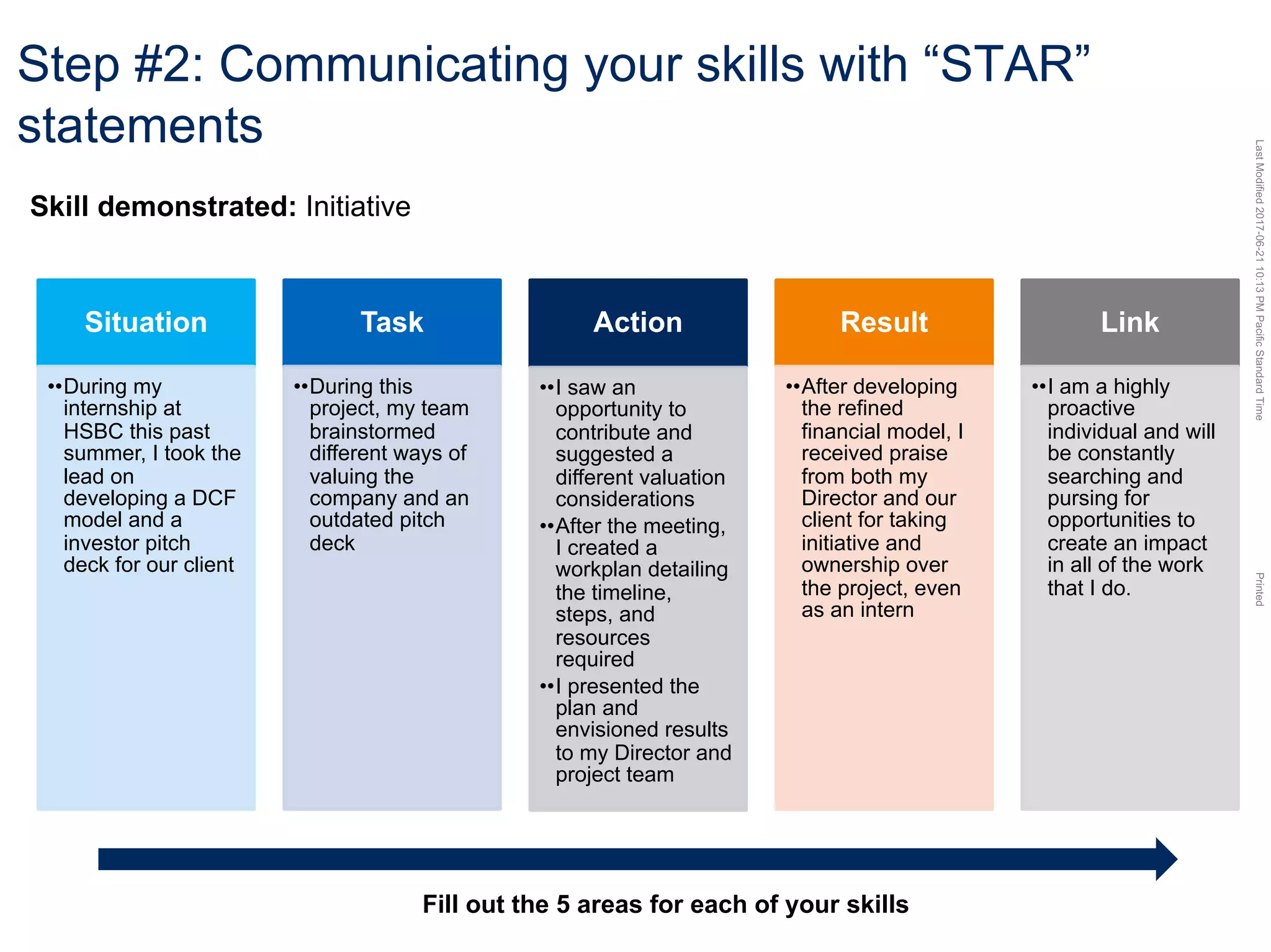LastModified2017-06-2110:13PMPacificStandardTimePrinted
Step #2: Communicating your skills with “STAR”
statements
Situation
••During my
internship at
HSBC this past
summer, I took the
lead on
developing a DCF
model and a
investor pitch
deck for our client
Task
••During this
project, my team
brainstormed
different ways of
valuing the
company and an
outdated pitch
deck
Action
••I saw an
opportunity to
contribute and
suggested a
different valuation
considerations
••After the meeting,
I created a
workplan detailing
the timeline,
steps, and
resources
required
••I presented the
plan and
envisioned results
to my Director and
project team
Result
••After developing
the refined
financial model, I
received praise
from both my
Director and our
client for taking
initiative and
ownership over
the project, even
as an intern
Link
••I am a highly
proactive
individual and will
be constantly
searching and
pursing for
opportunities to
create an impact
in all of the work
that I do.
Fill out the 5 areas for each of your skills
Skill demonstrated: Initiative
 