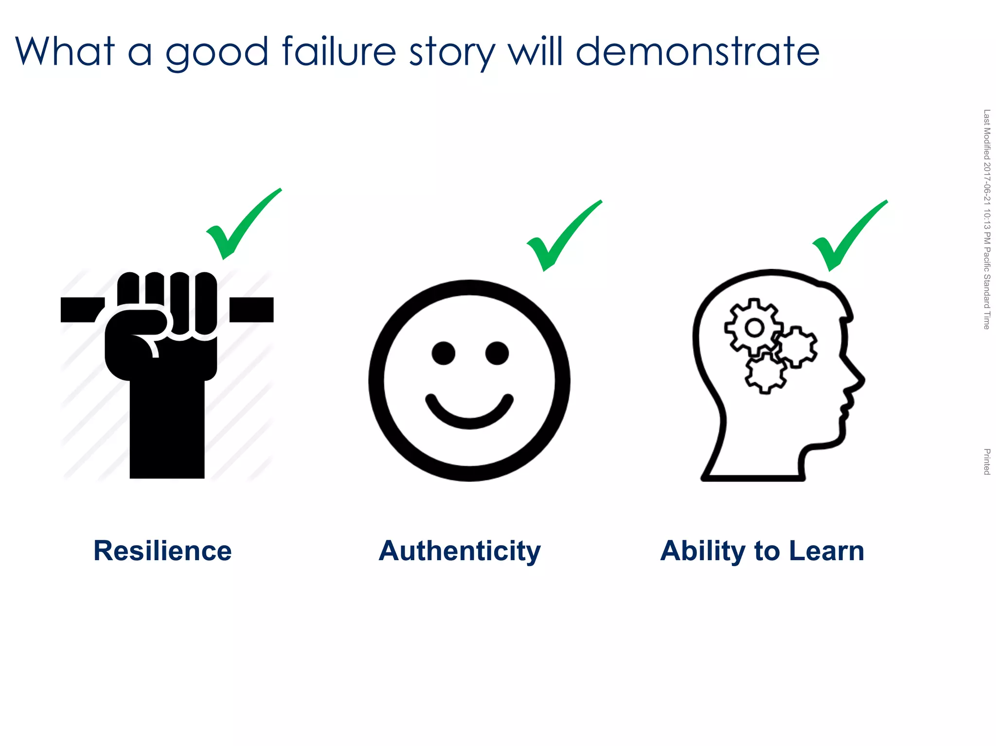 LastModified2017-06-2110:13PMPacificStandardTimePrinted
What a good failure story will demonstrate
Resilience Authenticity Ability to Learn
ü ü ü
 