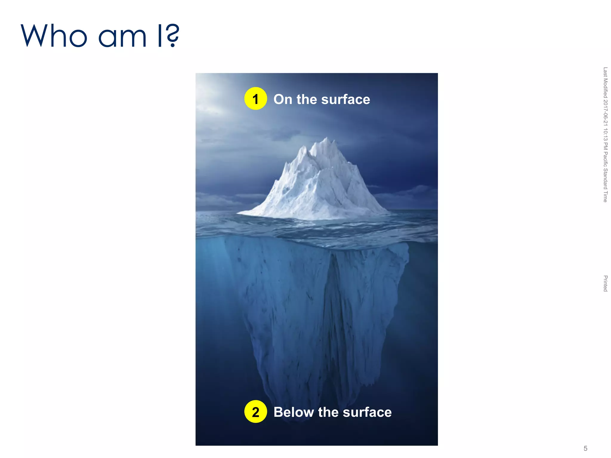 LastModified2017-06-2110:13PMPacificStandardTimePrinted
5
Who am I?
On the surface
Below the surface
1
2
 
