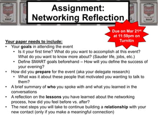Assignment:
Networking Reflection
Your paper needs to include:
• Your goals in attending the event
• Is it your first time? What do you want to accomplish at this event?
What do you want to know more about? (Sauder life, jobs, etc.)
• Define SMART goals beforehand – How will you define the success of
your evening?
• How did you prepare for the event (aka your delegate research)
• What was it about these people that motivated you wanting to talk to
them?
• A brief summary of who you spoke with and what you learned in the
conversations
• A reflection on the lessons you have learned about the networking
process, how did you feel before vs. after?
• The next steps you will take to continue building a relationship with your
new contact (only if you make a meaningful connection)
Due on Mar 21st
at 11:59pm on
Turnitin
 
