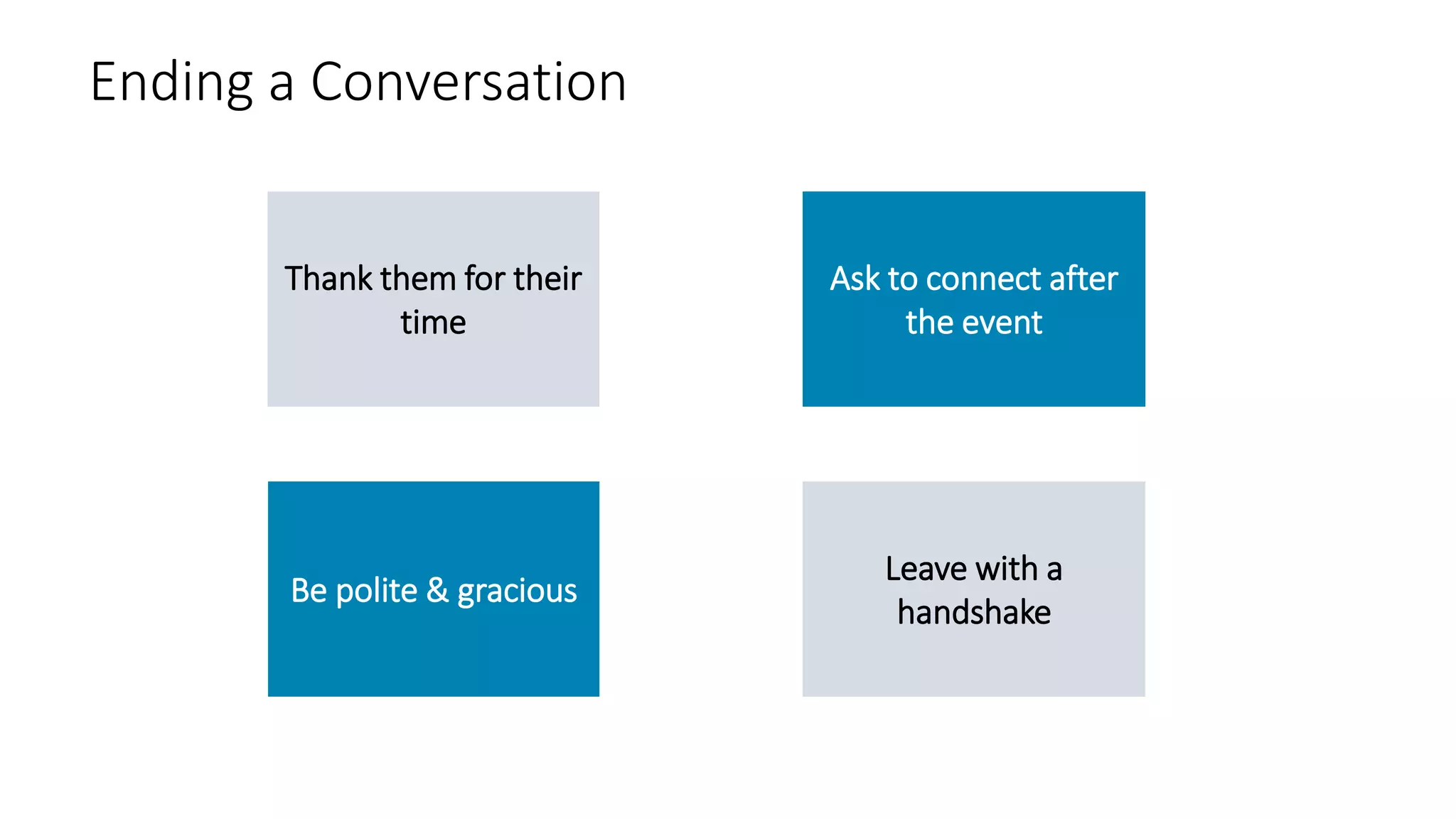 Ending a Conversation
Thank them for their
time
Ask to connect after
the event
Be polite & gracious
Leave with a
handshake
 