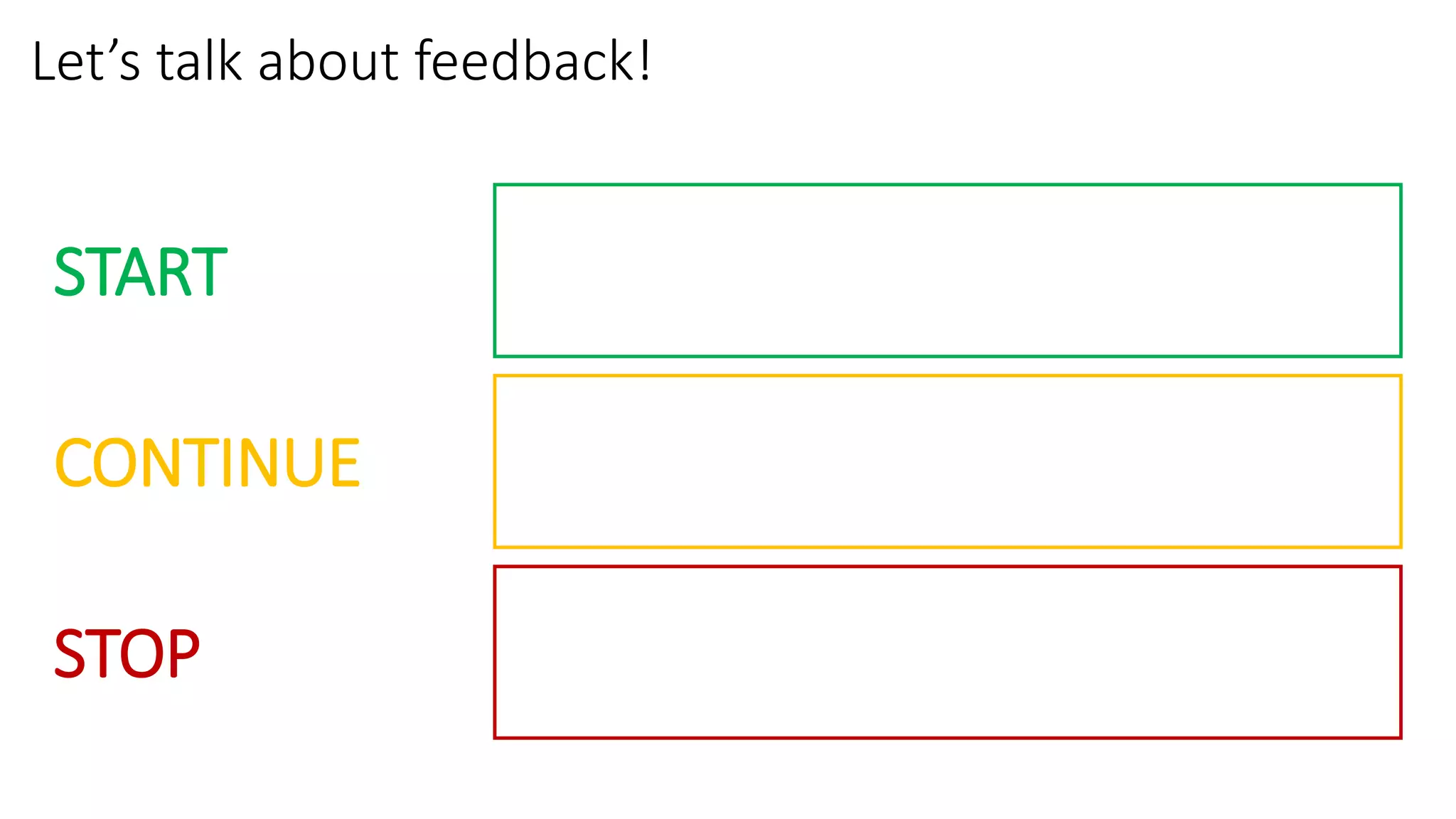 START
CONTINUE
STOP
Let’s talk about feedback!
 