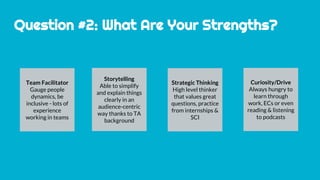 Question #2: What Are Your Strengths?
Team Facilitator
Gauge people
dynamics, be
inclusive - lots of
experience
working in teams
Storytelling
Able to simplify
and explain things
clearly in an
audience-centric
way thanks to TA
background
Strategic Thinking
High level thinker
that values great
questions, practice
from internships &
SCI
Curiosity/Drive
Always hungry to
learn through
work, ECs or even
reading & listening
to podcasts
 